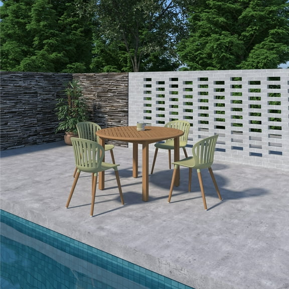 Sage 5-Piece Teak Finish Wood 100% FSC and Resin Patio Round Dining Set With Green Side Chairs