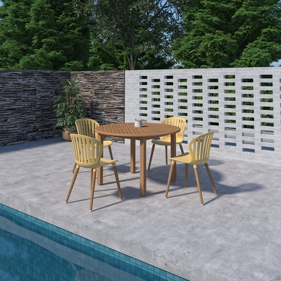 Sage 5-Piece Teak Finish Wood 100% FSC and Resin Patio Round Dining Set With Yellow Side Chairs