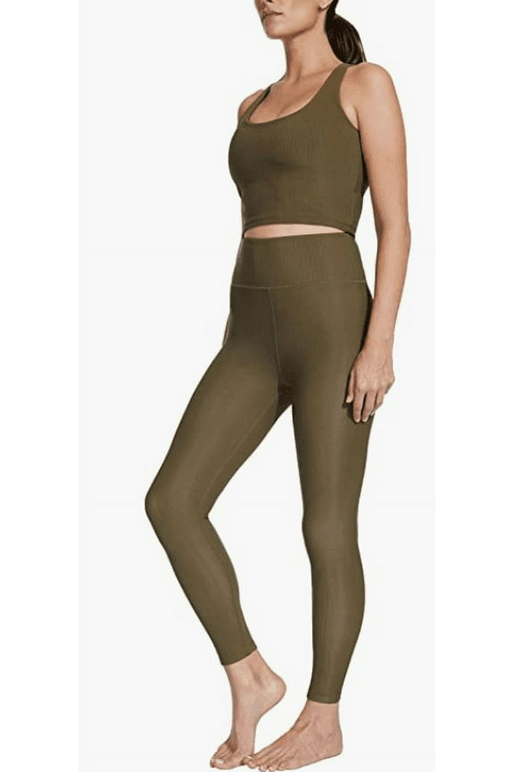 Activewear Women's High Rise Moisture Wicking Tummy Control Slimming Stretch Yoga Athletic Ribbed Folded Edge High Waisted 7/8 Legging, Spanish Moss, Large