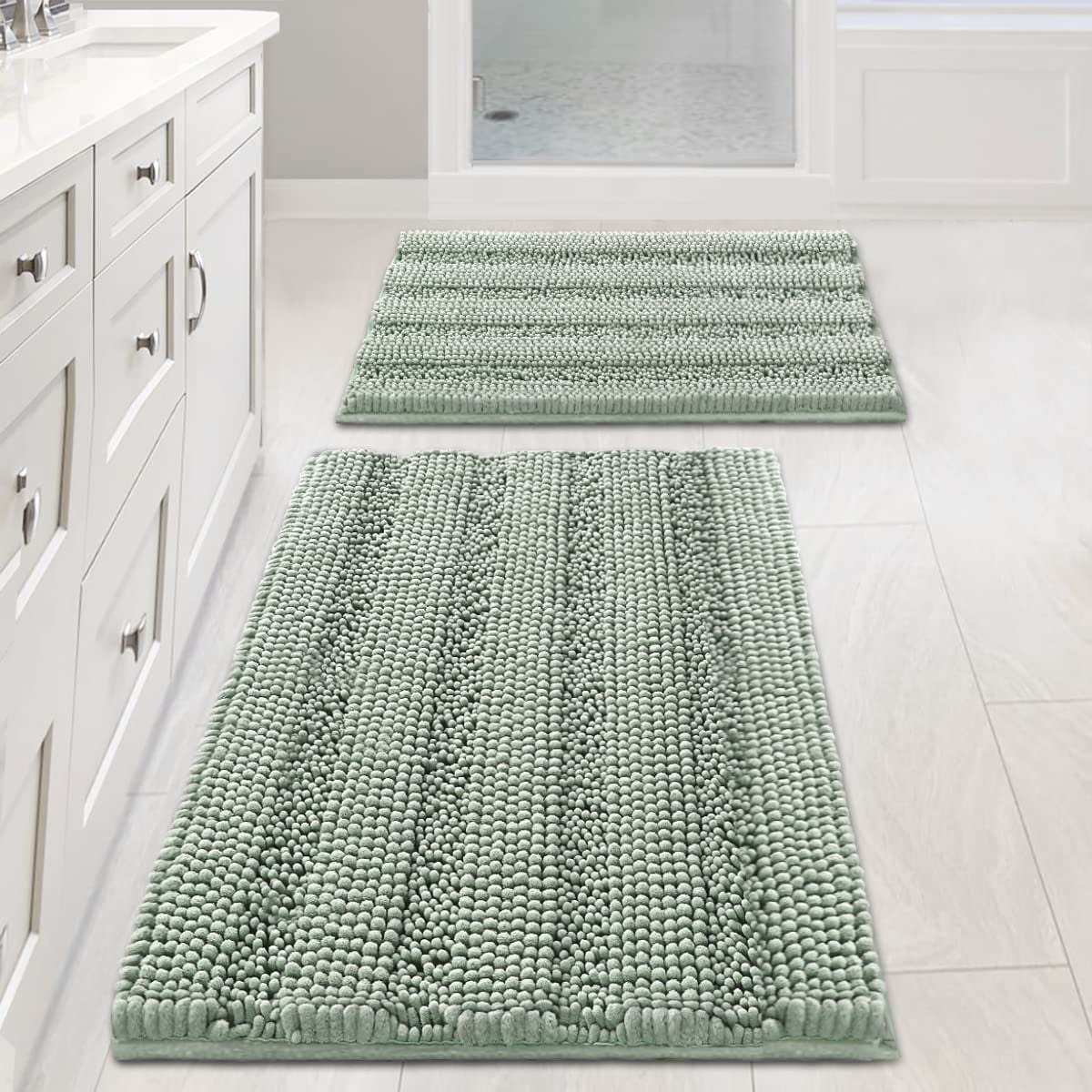 Sage Bathroom Rugs, Bath Mat Set of 2 Extra Thick Chenille Striped Pattern Shaggy Bath Rugs for Bathroom, Non Skid Bath Mats for Bathroom Floor (32 x 20 Plus 24 x 17 - Inches)