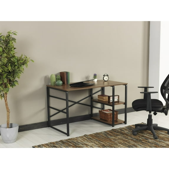 Sage Black Metal Frame 47" Wooden Top 2 Shelves Writing and Computer Desk for Home Office, Walnut