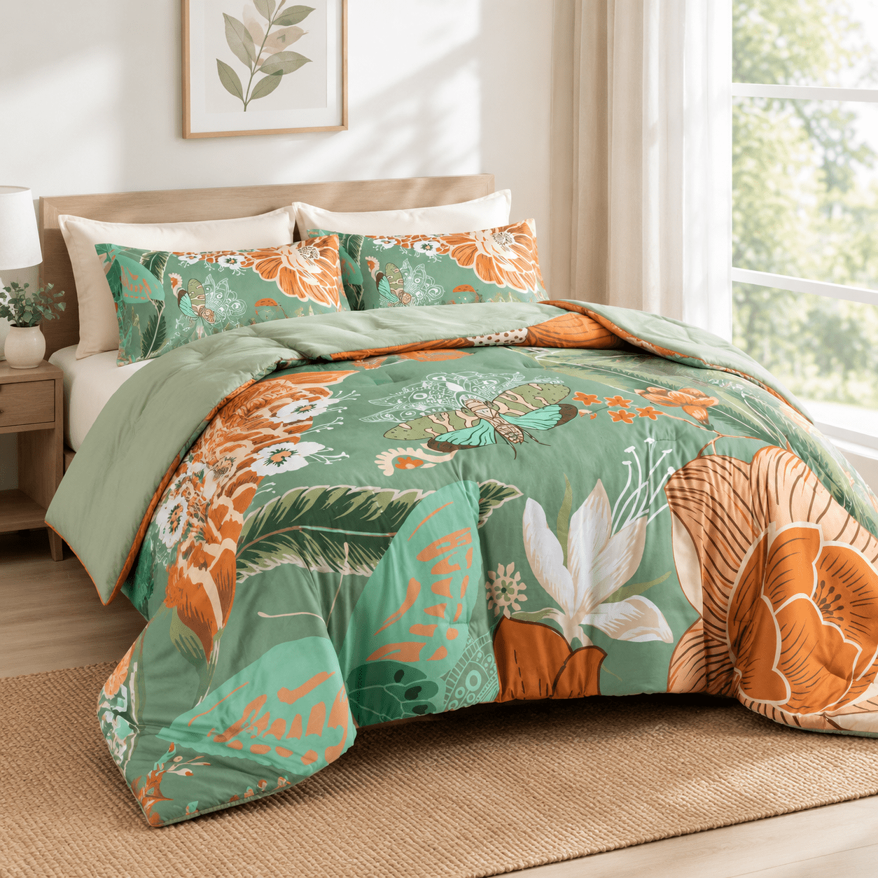 Sage Bloom Queen 3 Piece Boho Botanical Farmhouse Comforter Bedding Set ...