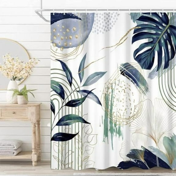 Sage Blue Boho Shower Curtain Modern Abstract Tropical Palm Leaves Gold Geometric Minimalist Bath Curtain for Bathroom Decor Waterproof Polyester Fabric Set with Hooks,72x72 Inch