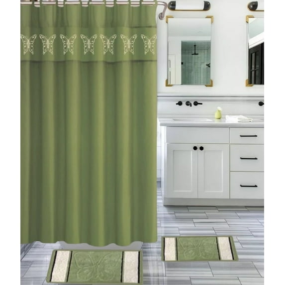 Sage Butterfly Jacquard Shower Curtain Set, Non-Skid