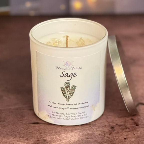 8 oz Sage Scented Candle with Clear Quartz Crystals, Reiki Charged for Energy Clearing and Meditation