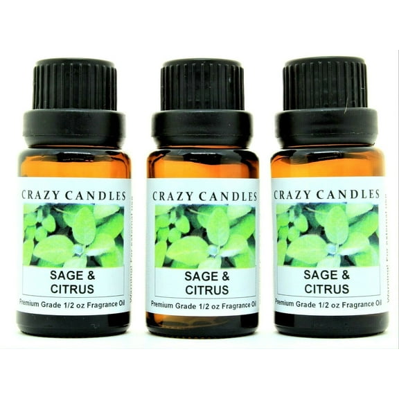 Sage & Citrus 3 bottles 1/2 fl oz each (15ml) premium grade scented fragrance oil by Crazy Candles Made in USA