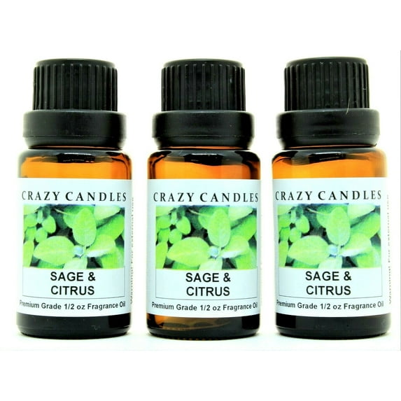 Sage & Citrus 3 bottles 1/2 fl oz each (15ml) premium grade scented fragrance oil by Crazy Candles Made in USA