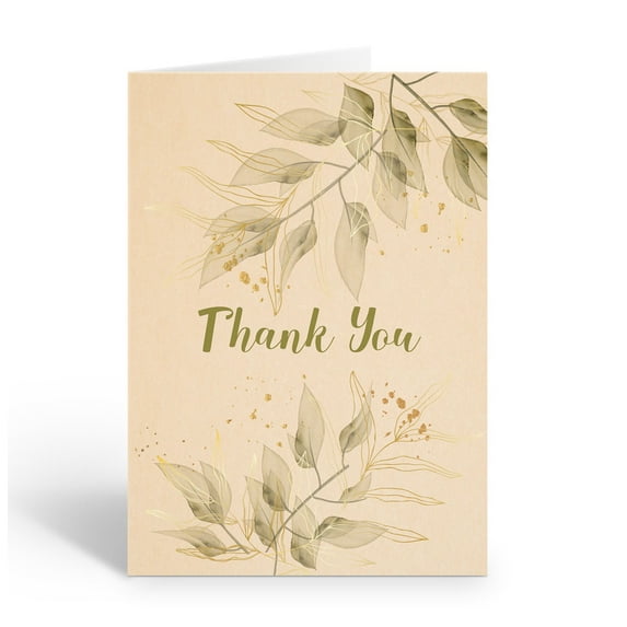 Sage Colored Leaves Thank You Note Card - 10 Note Cards with Envelopes - B14429