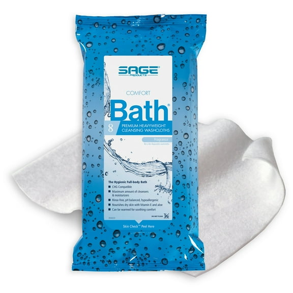 Sage Comfort Bath Premium Heavyweight Rinse-Free Bath Wipes, Soft Pack, Scented, 8 per Pack, Case of 44 Packs