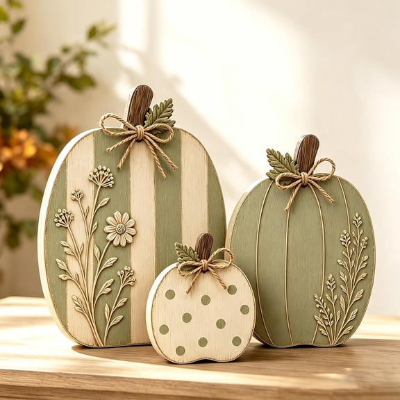 Sage & Cream Raised Wildflower Solid Wood Pumpkin Trio, Fall Decor | Mantel entryway Table Shelf