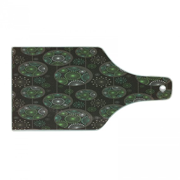 Sage Cutting Board, Abstract Dandelion Floral Garden Growth Inspired Retro Nature, Decorative Tempered Glass Cutting and Serving Board, Wine Bottle Shape, Green Brown White, by Ambesonne
