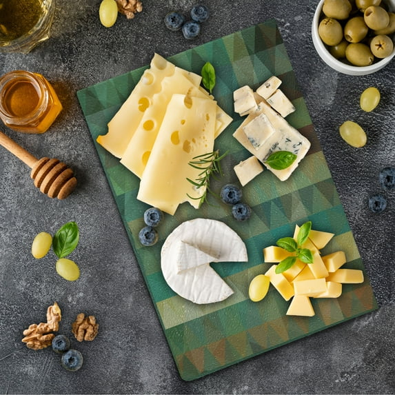 Sage Cutting Board, Colorful Vertical Lines with Triangles Abstract Geometrical Mosaic Form Retro Style, Decorative Tempered Glass Cutting and Serving Board, Small Size, Multicolor, by Ambesonne