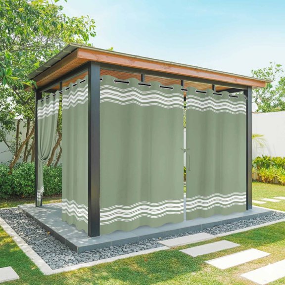 Sage Dark Outdoor Curtains for Patio, Green White Striped Waterproof Outside Curtains Privacy Blackout Curtain for Porch Pergola Cabana, 2 Panel 54W x 108L Inch