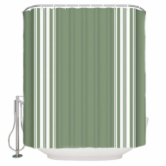 Sage Dark Shower Curtain, 60" x 72", Green White Striped Waterproof Bathroom Curtain Washable Shower Curtain Set with 12 Hooks