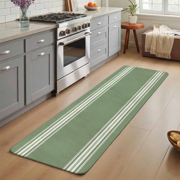 Sage Dark Washable Runner Rug 3X5 ft Green White Striped Non-Slip Hallway Runner Rug, Linen Kitchen Runner Mats, Indoor Floor Carpet for Entryway Bathroom Bedroom Living Room