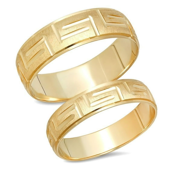 Sage Designs His and Hers Rings 14K Solid Yellow Gold Greek Key Pattern Bride and Groom Matching Wedding Band or Anniversary Set