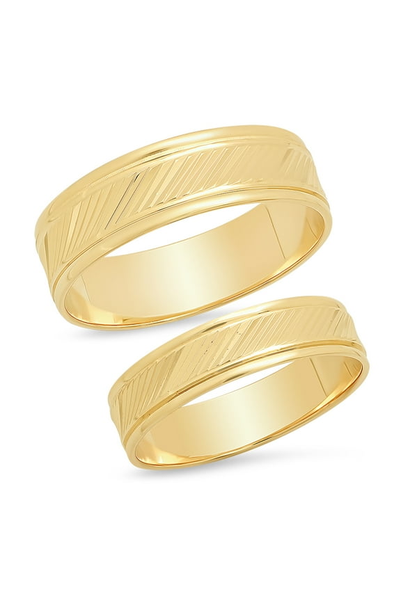 Sage Designs His and Hers Rings 14K Solid Yellow Gold Slant Laser Cut Pattern Bride and Groom Matching Wedding Band or Anniversary Set