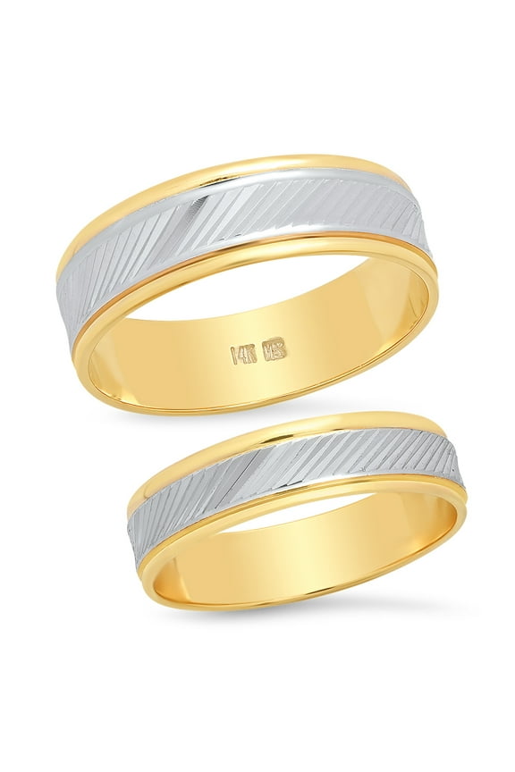 Sage Designs His and Hers Rings Two Tone 14K White and Yellow Gold Slant Laser Cut Pattern Bride and Groom Matching Wedding Band or Anniversary Set