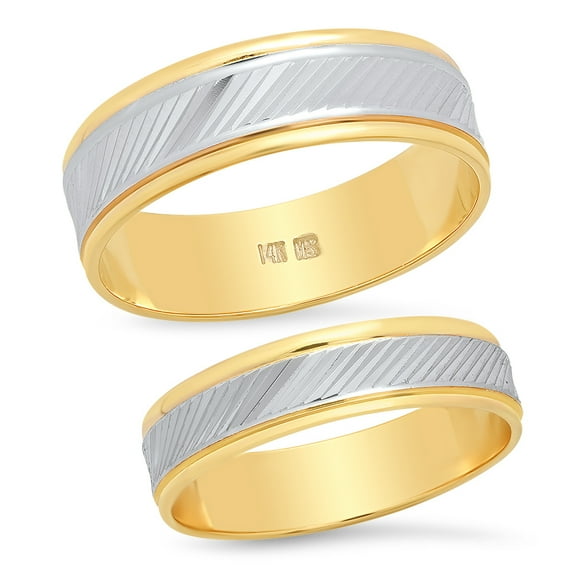 Sage Designs His and Hers Rings Two Tone 14K White and Yellow Gold Slant Laser Cut Pattern Bride and Groom Matching Wedding Band or Anniversary Set