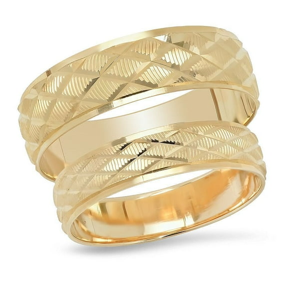 Sage Designs His and Hers Rings 14K Solid Yellow Gold Diamond Shape Pattern Bride and Groom Matching Wedding Band or Anniversary Set
