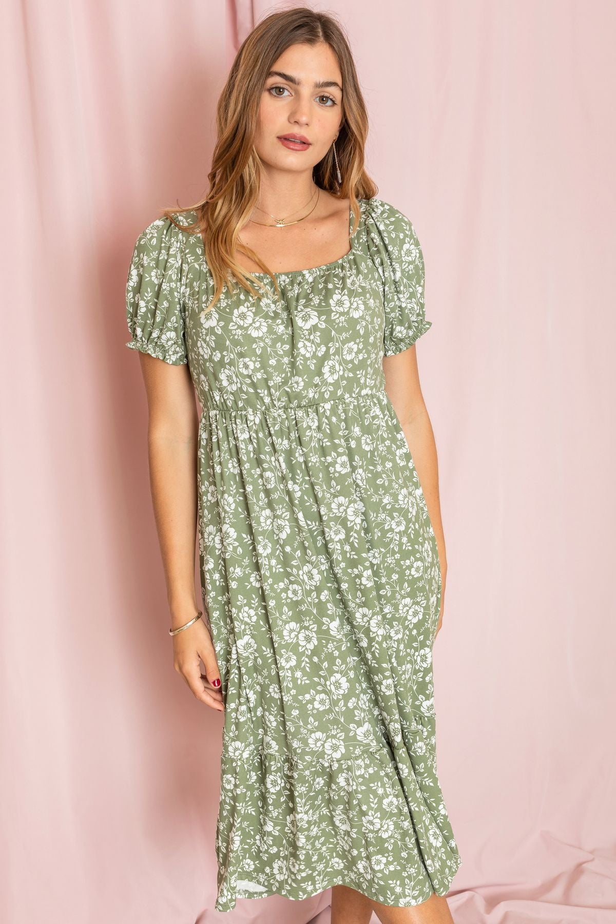 Sage Ditsy Floral Square Neck Ruffle Hem Midi Dress