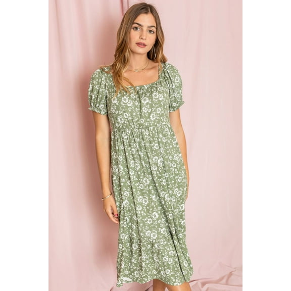 Sage Ditsy Floral Square Neck Ruffle Hem Midi Dress