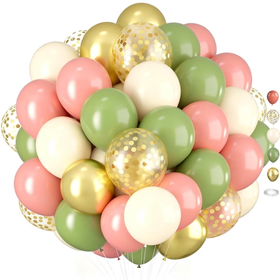 Sage Dusty Pink Metallic Gold Olive Sand White Confetti Balloons, 60Pcs Pink and Green 12 Inch Balloons Setfor Jungle Birthday, Baby Shower, Wedding Party Decorations