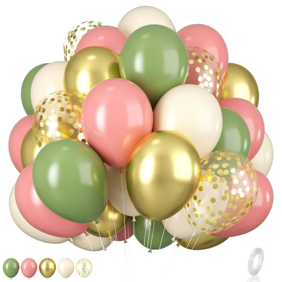 Sage Dusty Pink Metallic Gold Olive Sand White Confetti Balloons, 60Pcs Pink and Green 12 Inch Balloons Setfor Jungle Birthday, Baby Shower, Wedding Party Decorations
