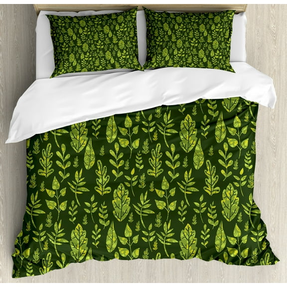 Sage Duvet Cover Set King Size, Patterned Green Leaves Nature Inspired Composition Fresh Trees Woodland, Decorative 3 Piece Bedding Set with 2 Pillow Shams, Apple Green Dark Green, by Ambesonne