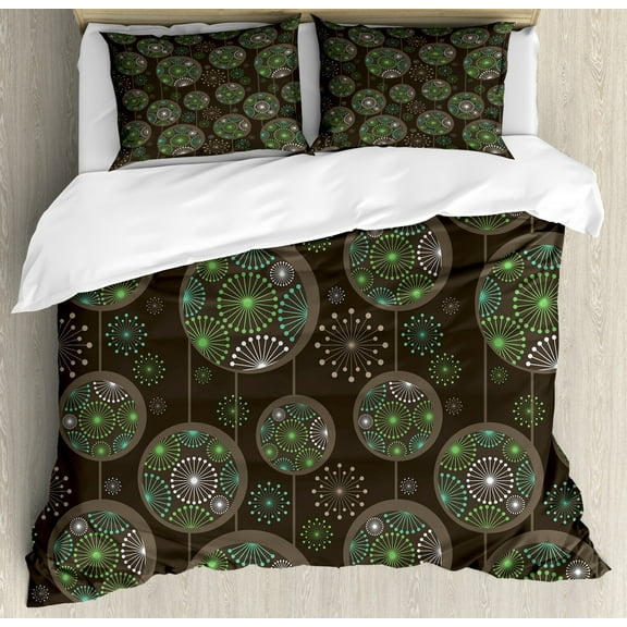 Sage Duvet Cover Set Queen Size, Stylized Abstract Dandelion Floral Garden Growth Inspired Retro Artistic Nature, Decorative 3 Piece Bedding Set with 2 Pillow Shams, Green Brown White, by Ambesonne