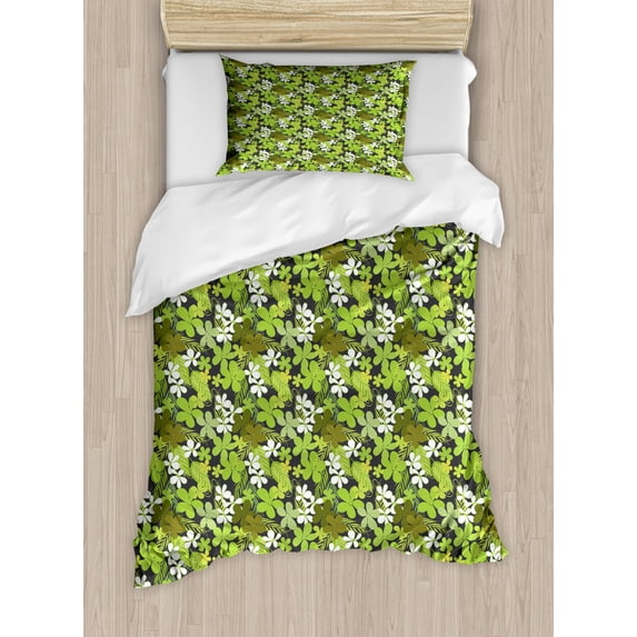 Sage Duvet Cover Set Twin Size, Fresh Nature Theme Wildflowers Leaves Bloom Foliage Nostalgia Vintage Abstract, Decorative 2 Piece Bedding Set with 1 Pillow Sham, Green Black White, by Ambesonne