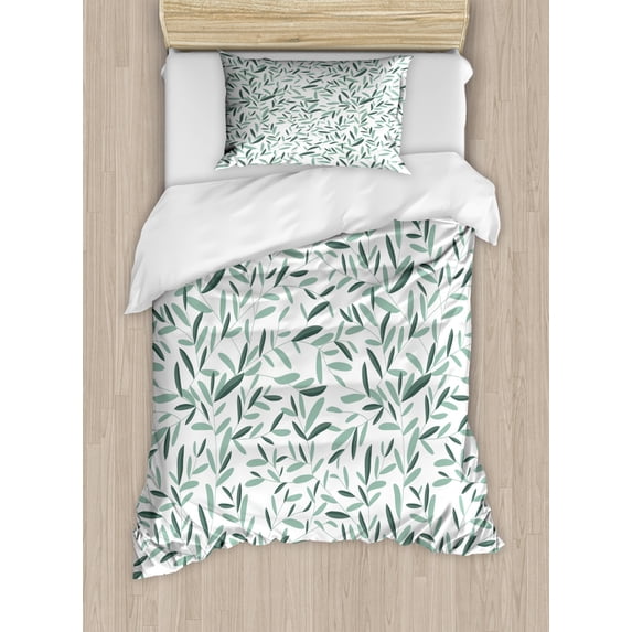 Sage Duvet Cover Set Twin Size, Pattern with Leaves Environment Nature Simplicity Summer Spring Plants Garden, Decorative 2 Piece Bedding Set with 1 Pillow Sham, Reseda Green White, by Ambesonne