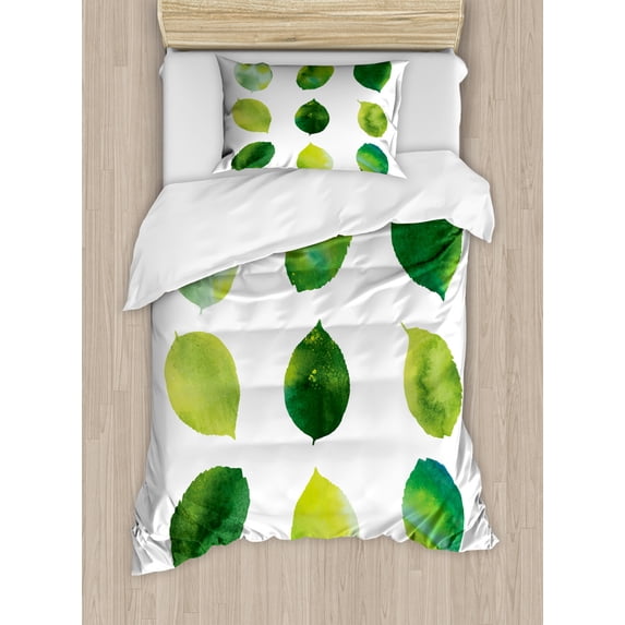Sage Duvet Cover Set Twin Size, Watercolor Art Theme Green Leaves Fresh Foliage of the Trees Forest Woods Ecology, Decorative 2 Piece Bedding Set with 1 Pillow Sham, Green White, by Ambesonne