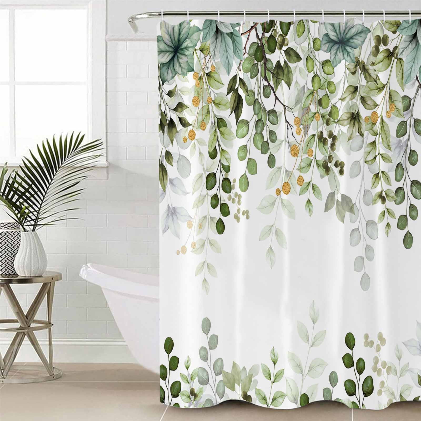 Sage Eucalyptus Bathroom Curtain 72 Inch Shower Curtain with Hooks, Green Branches Vintage Flower Plant Waterproof Polyester Bath Curtain Washable Bathtub Curtain 60''x 72''