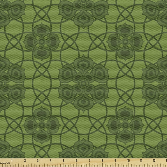 Ambesonne Sage Fabric by the Yard Upholstery, Mandala Geometrical Floral, 10 Yards, Fern Green Olive Green