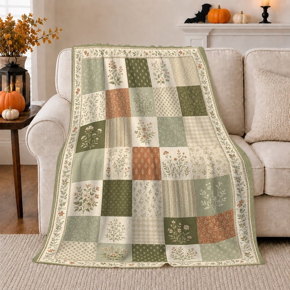Sage Floral Blocks with Cream Garden Panels, Peaceful Cottagecore Style for Flower Lovers, Soft Botanical Grid and Mother's Day Gift, Cozy Flannel Blanket for Sunroom and Bedroom, Home Decor