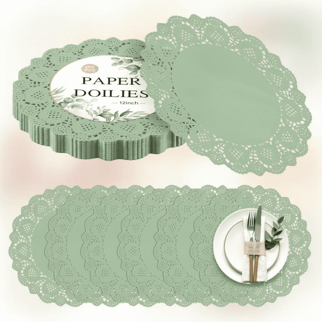 Sage Green 12-Inch Round Lace Paper Doilies, 150-Pack Disposable Decorative Placemats for Food, Cakes, Crafts, Parties, and Wedding Table Decorations