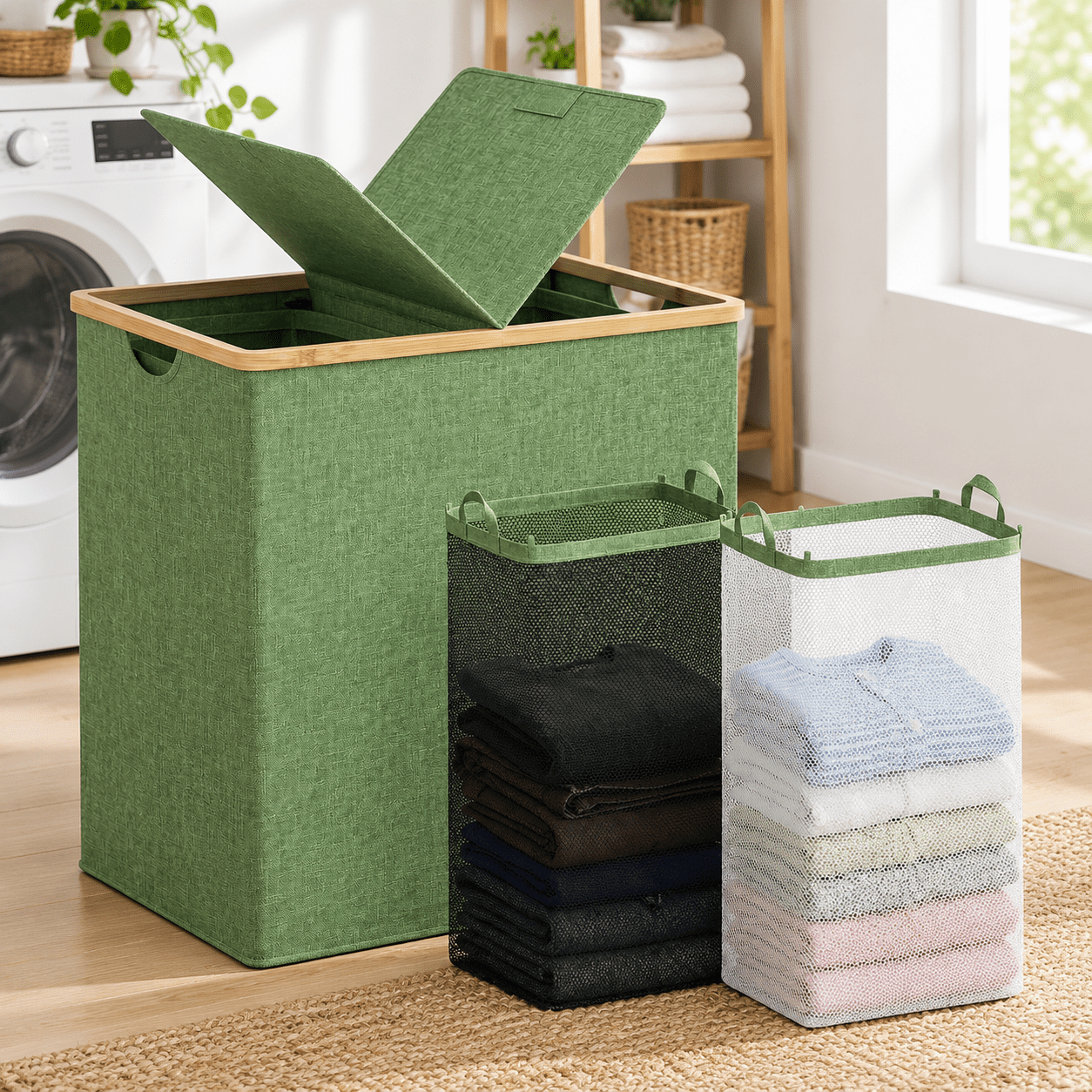 Sage Green 140L Dual Compartment Laundry Hamper with Lid and Removable ...