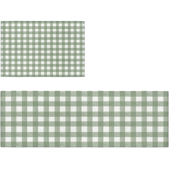 Sage Green 2 Pieces Kitchen Rug Set Non-Slip Backing Mat Throw for Kitchen Doormat Runner, Anti Fatigue Mats for Kitchen Floor Home Office, Green and White Buffalo Plaid Design