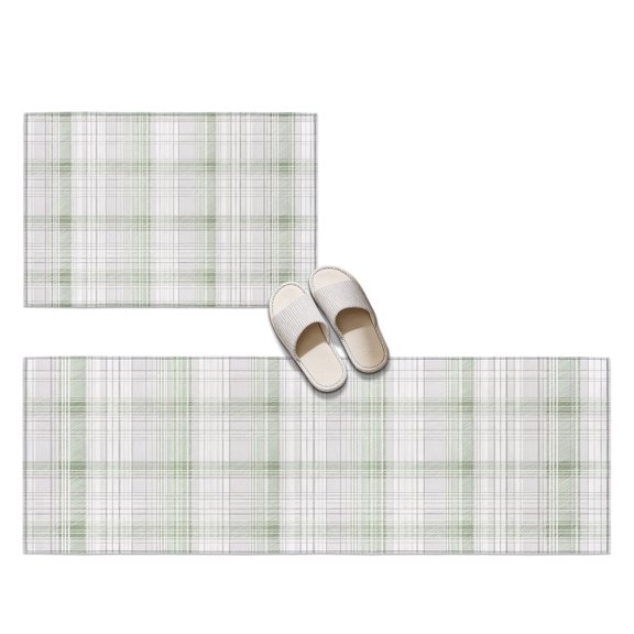 Sage Green 2 Pieces Non-Slip Kitchen Mat Set, Spring Pastel Olive Tint Gray Grid Checkered Farmhouse Soft Door Mat with Rubber Backing, Dirtproof Rugs for Entrance Doorway, 19.7x31.5in+19.7x47.2in