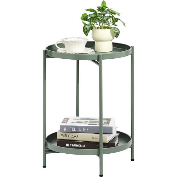 Sage Green 2-Tier Round Folding Side Table with Removable Tray, Metal Accent Table
