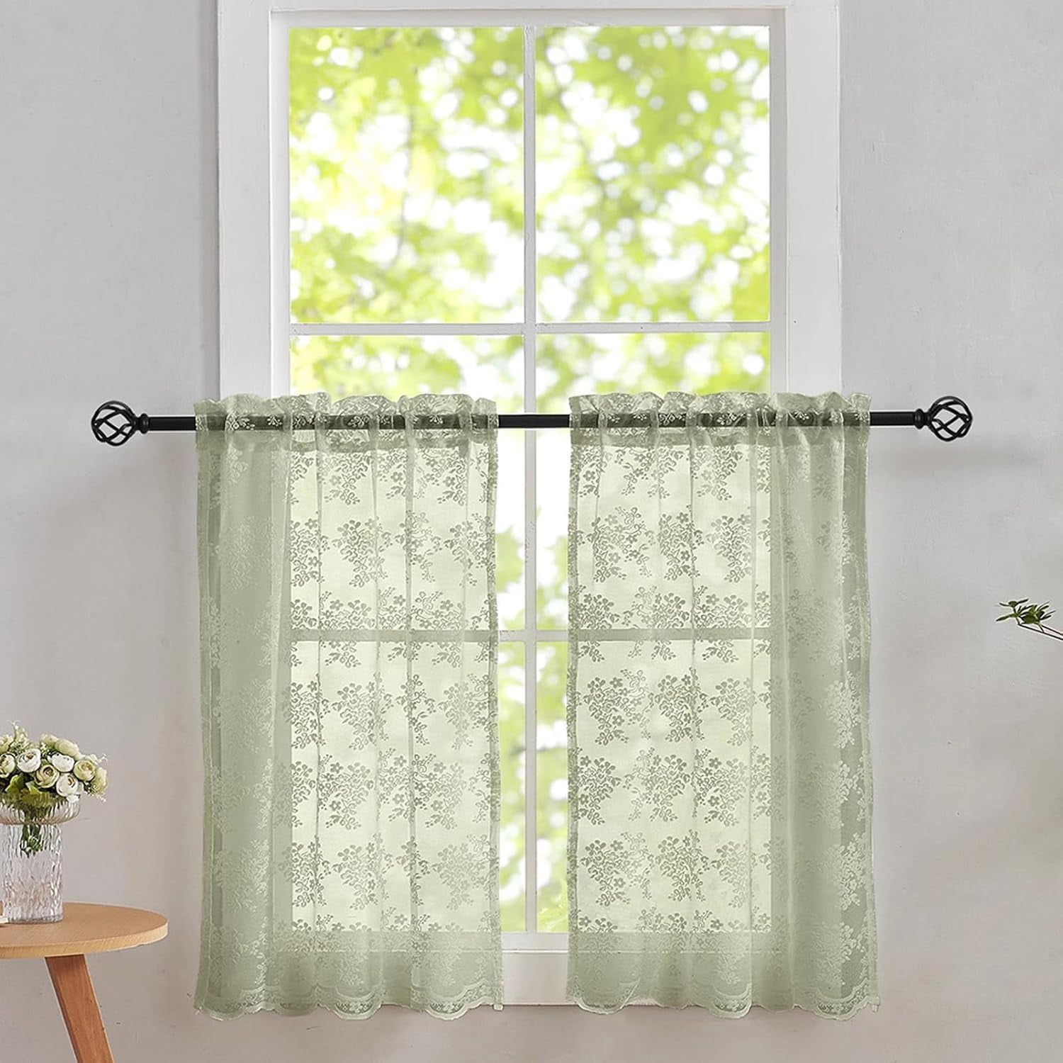 Sage Green 24 inch Long Boho Short Lace Cafe Curtains for Small Window ...