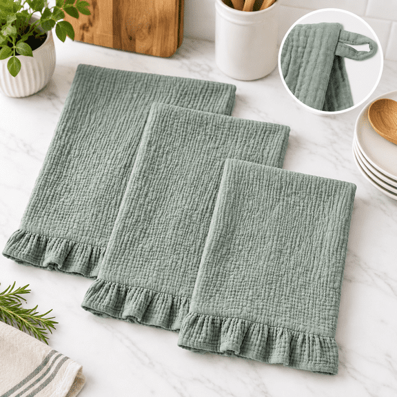 Sage Green 3-Pack Ruffled Cotton Kitchen Towels, 15.7 x 28 Inches