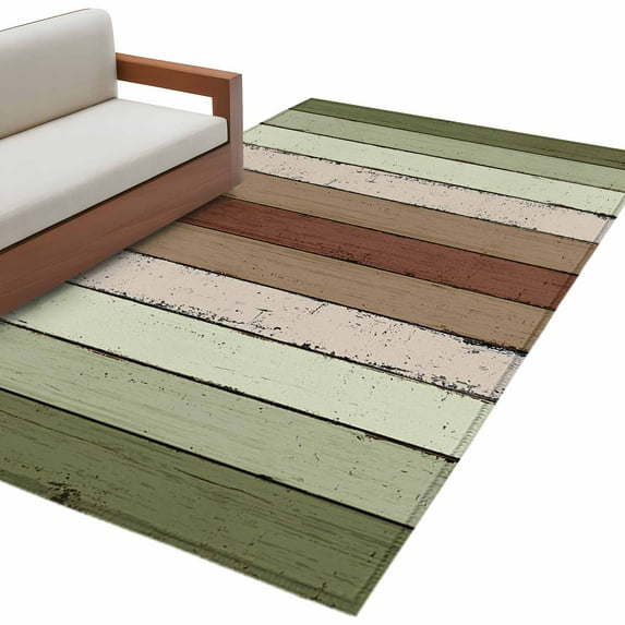 Sage Green 3'x5' Washable Rug, Farmhouse Wood Grain Vintage Brown Striped Non-Slip Area Rugs for Entryway Kitchen Classroom, Dorm Throw Carpet, Low Pile Soft Indoor Floor Mat
