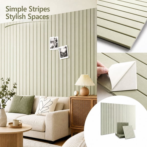 Sage Green 3D Wall Panels, Self-Adhesive Felt Wall Tiles, 11.8in Square Vertical Stripe Texture, Acoustic Home Decor for Living Room Bedroom