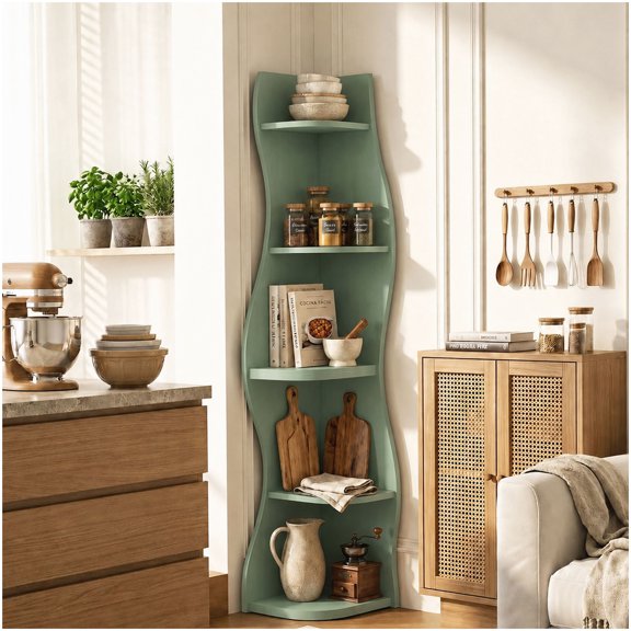 Sage Green 5-Tier Curved S-Shaped Corner Display Rack for Living Room Bedroom and Home Office Storage and Decor