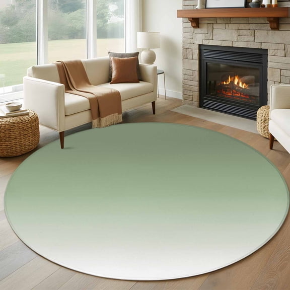 Sage Green 8FT Round Area Rugs for Living Room and White Ombre Color Gradient Ultra-Thin Non-Slip Round Rugs Machine Washable Low Pile Circle Carpet for Bedroom Kitchen Nursery