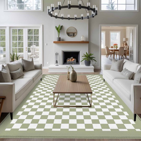 Sage Green 8x10 Area Rug for Living Room Sectional Sofa, Checkerboard Plaid Washable Non Slip Large Rectangle Area Rug