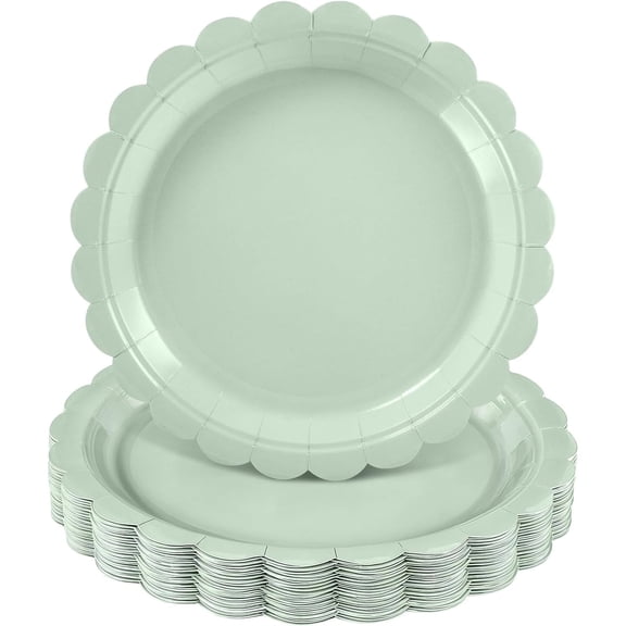 Sage Green 9 Inch Scalloped Paper Plates, 40 Count Disposable Dessert Plates for Boho Bridal Shower, Party and Special Events