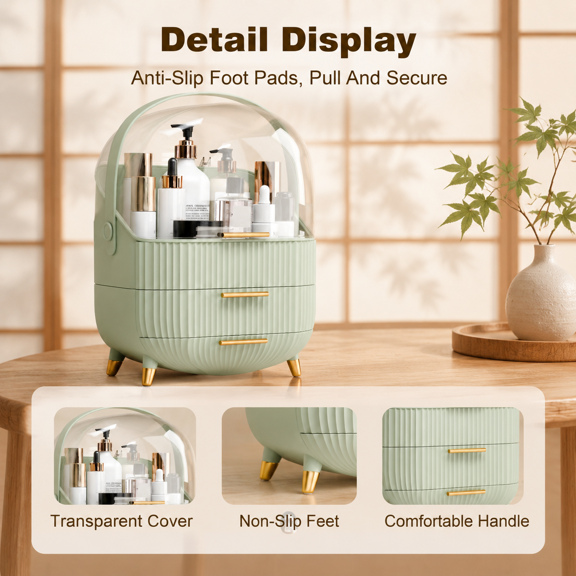 Sage Green ABS Makeup Organizer with Lid Drawers, Countertop Storage for Vanities